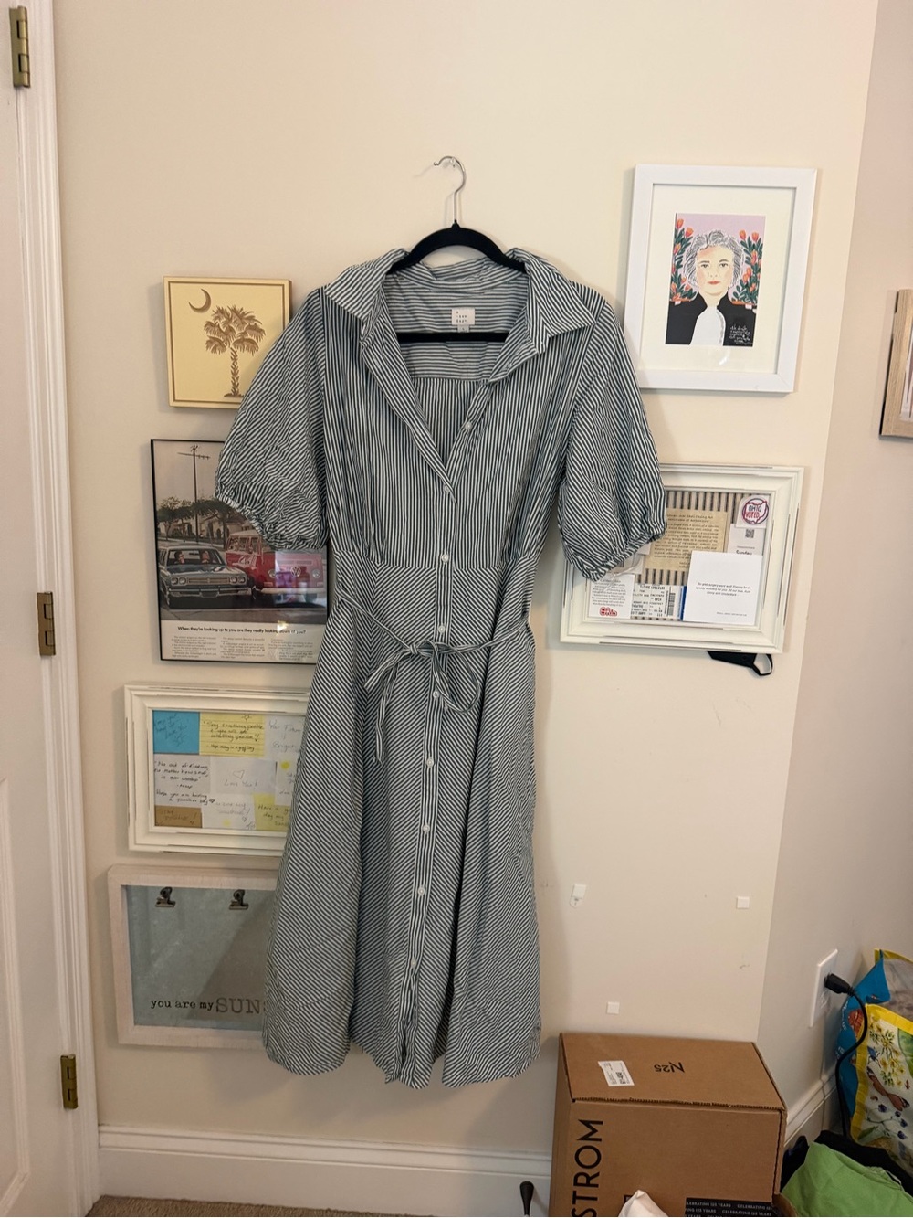Striped Button-Front Midi Dress with Tie Waist - green White a new day size larg